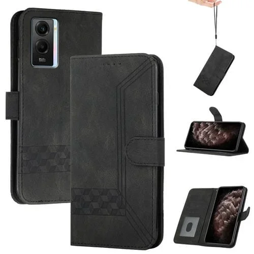 Para Vivo Iqoo U5E 5G/Y30 5G/Y33E 5G Funda para Teléfono de Cuero con Tapa con Sensación de Piel Cúbica (Negro)