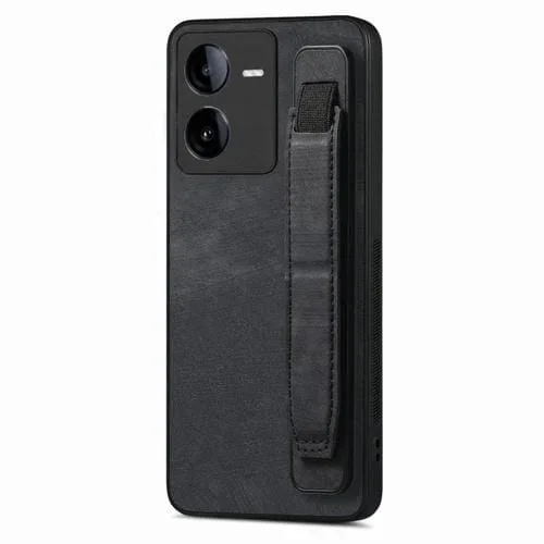 Para Vivo Iqoo Z8 Funda Trasera de Cuero con Soporte para Pulsera Retro (Negro)