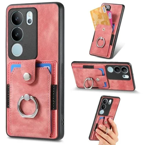 Para Vivo S17 Pro Funda para Teléfono con Billetera y Tarjeta con Anillo con Sensación de Piel Retro (Rosa)
