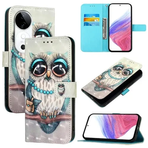 Para Vivo S19 Funda para Teléfono de Cuero con Tapa Horizontal con Pintura 3D (Búho Gris)