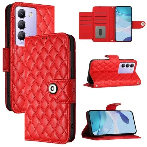 Para Vivo T3 5G Idn / V40 Se Funda para Teléfono con Tapa de Cuero con Textura Rómbica y Cordón (Rojo)