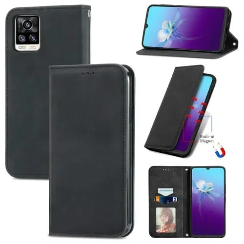 Para Vivo V20 2021 Retro Siente la Piel Magnética Horizontal Flip Funda de Cuero con Soporte y Ranuras para Tarjetas y Marco de Fotografía (Negro)