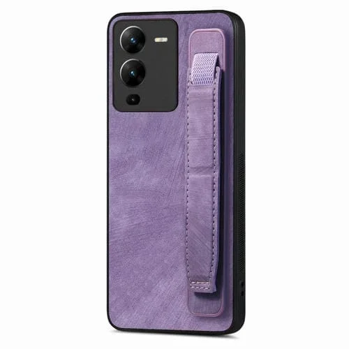 Para Vivo V25 Pro Retro Muñequera Funda Trasera de Cuero para Teléfono (Púrpura)