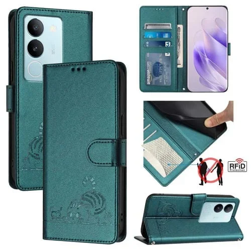 Para Vivo V29 5G Global / V29 Pro Cat Rat Estuche para Teléfono de Cuero Rfid con Patrón En Relieve y Cordón (Verde Pavo Real)