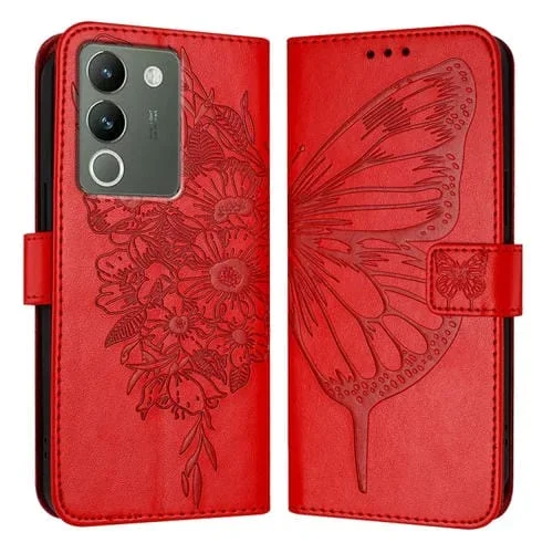 Para Vivo V29E 5G Global / Y200 5G Global Funda de Cuero para Teléfono con Mariposa En Relieve (Rojo)