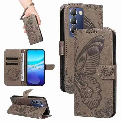 Para Vivo V40 Se 5G / Y100 Idn / Y200E Funda para Teléfono de Cuero con Relieve de Mariposa de Cola de Golondrina (Gris)