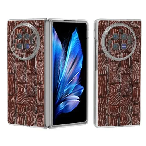 Para Vivo X Fold3 Estuche para Teléfono con Patrón Mahjong de Cuero Genuino con Borde Transparente Esmerilado (Marrón)
