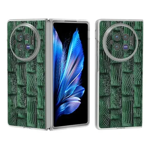 Para Vivo X Fold3 Estuche para Teléfono con Patrón Mahjong de Cuero Genuino con Borde Transparente Esmerilado (Verde)