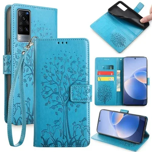 Para Vivo X60 Funda de Cuero con Relieve de Árbol y Ciervo (Azul)