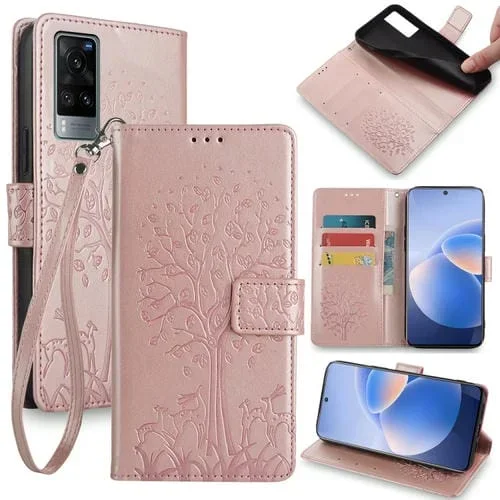 Para Vivo X60 Funda de Cuero con Relieve de Árbol y Ciervo (Oro Rosa)