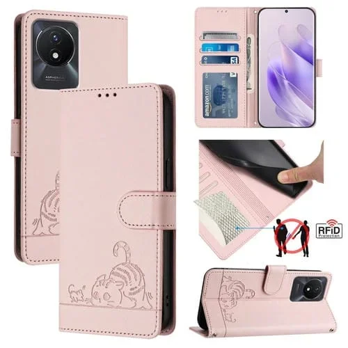 Para Vivo Y02A 4G / Y02 4G Cat Rat Estuche para Teléfono de Cuero Rfid con Patrón En Relieve y Cordón (Rosa)