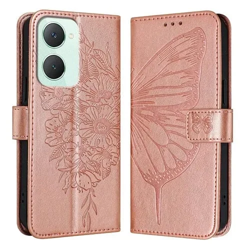 Para Vivo Y03 4G Funda para Teléfono de Cuero con Mariposa En Relieve Global (Oro Rosa)