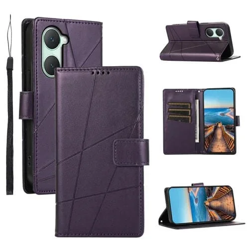 Para Vivo Y03 4G Pu Funda para Teléfono con Línea En Relieve con Textura de Cuero Genuino (Púrpura)