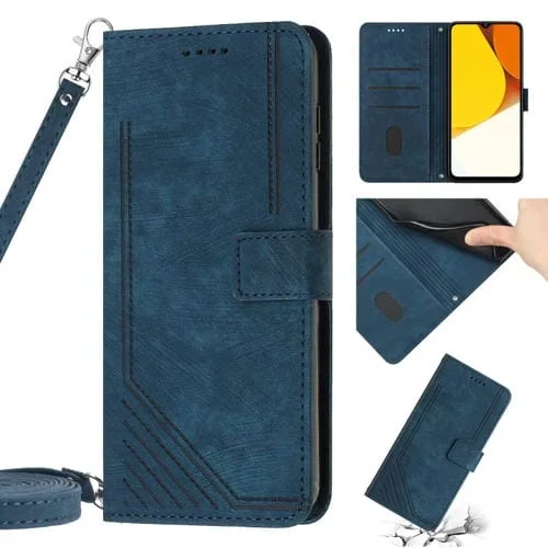 Para Vivo Y16 / Y02S Skin Feel Stripe Pattern Funda de Cuero para Teléfono con Cordón (Azul)
