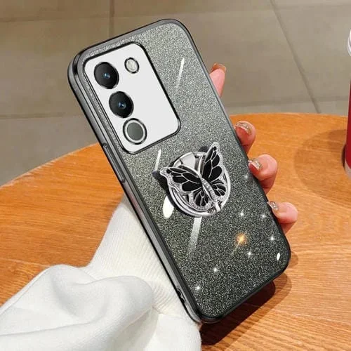 Para Vivo Y200 Global / V29E Estuche para Teléfono de TPU con Soporte de Mariposa con Brillo Degradado Plateado (Negro)