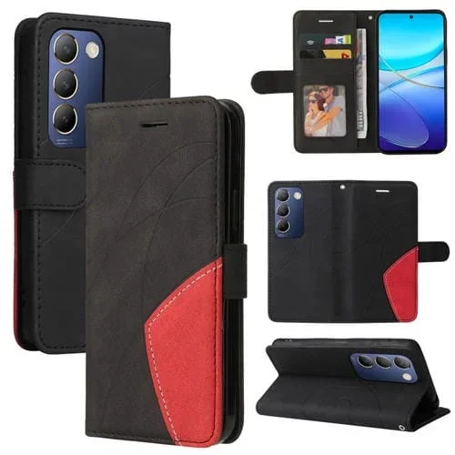 Para Vivo Y200E 5G Global / V30 Lite India Funda para Teléfono de Cuero con Tapa y Empalme de Dos Colores (Negro)