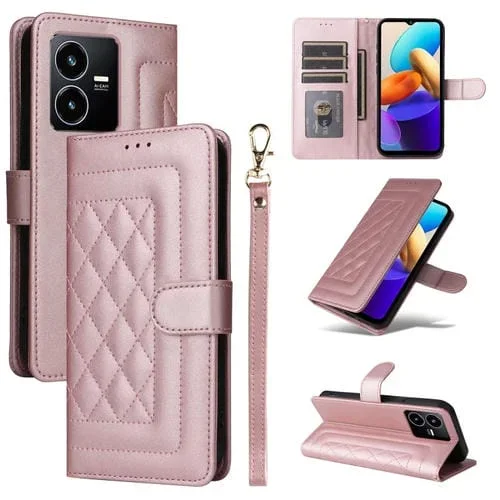 Para Vivo Y22S / Y35 Funda para Teléfono con Tapa de Cuero con Entramado de Diamantes (Oro Rosa)