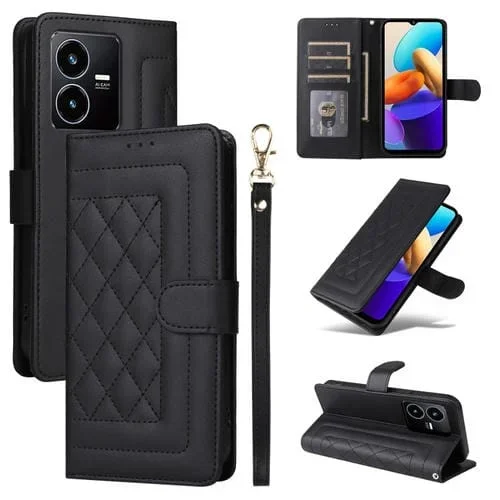 Para Vivo Y22S / Y35 Funda para Teléfono con Tapa de Cuero Diamond Lattice (Negro)