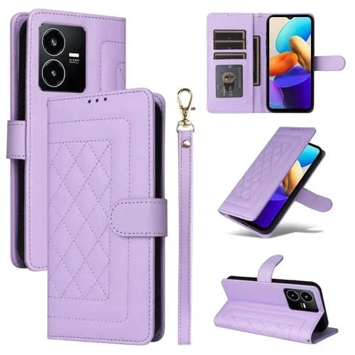 Para Vivo Y22S / Y35 Funda para Teléfono con Tapa de Cuero Diamond Lattice (Púrpura Claro)