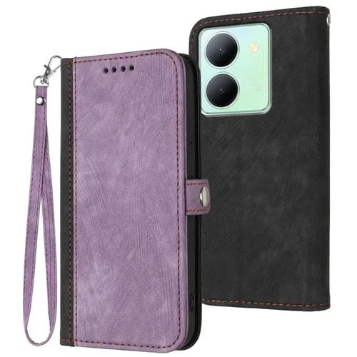 Para Vivo Y27S 4G Global Hebilla Lateral Doble Pliegue Correa de Mano Funda de Cuero para Teléfono (Púrpura)