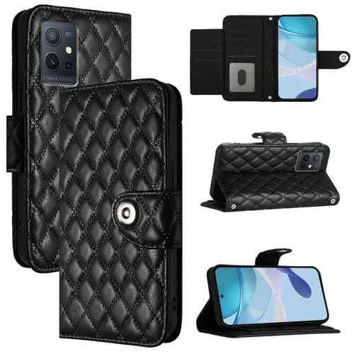 Para Vivo Y30 5G / Y33E Funda para Teléfono de Cuero con Tapa con Textura Rómbica y Cordón (Negro)