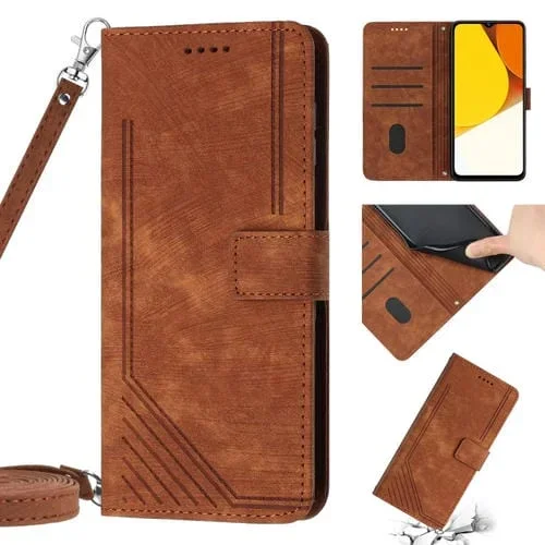 Para Vivo Y33S / Y21 2021 / Y21S Skin Feel Stripe Pattern Funda de Cuero para Teléfono con Cordón (Marrón)