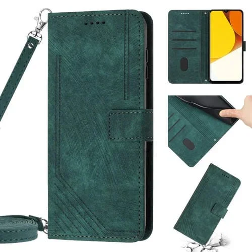 Para Vivo Y33S / Y21 2021 / Y21S Skin Feel Stripe Pattern Funda de Cuero para Teléfono con Cordón (Verde)