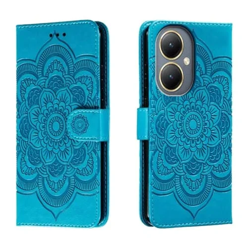 Para Vivo Y35M + Sun Mandala Funda de Cuero para Teléfono con Patrón En Relieve (Azul)
