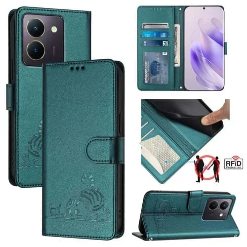 Para Vivo Y36 4G Global Cat Rat Estuche para Teléfono de Cuero Rfid con Patrón En Relieve y Cordón (Verde Pavo Real)
