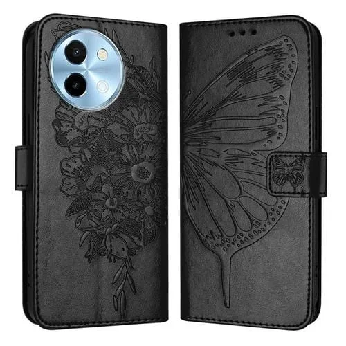 Para Vivo Y38 5G Funda de Cuero con Mariposa En Relieve (Negro)