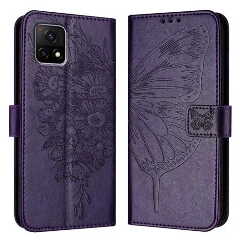 Para Vivo Y52S 5G / Iqoo U3 / Y31S 5G Funda para Teléfono de Cuero con Mariposa En Relieve (Púrpura Oscuro)