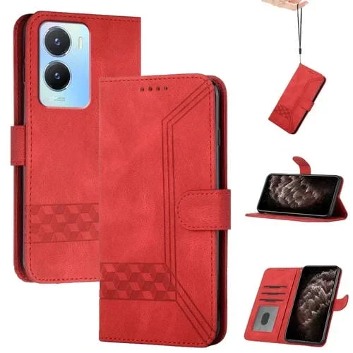 Para Vivo Y56 5G Global / Y16 4G Global Cubic Skin Feel Funda de Cuero con Tapa para Teléfono (Rojo)