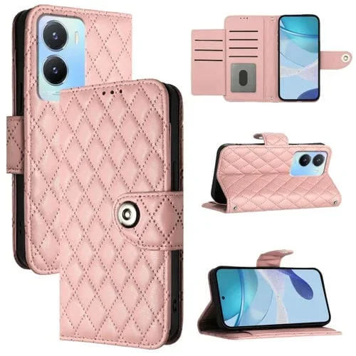 Para Vivo Y56 / Y16 / Y02S Funda para Teléfono con Tapa de Cuero con Textura Rómbica y Cordón (Rosa Coral)