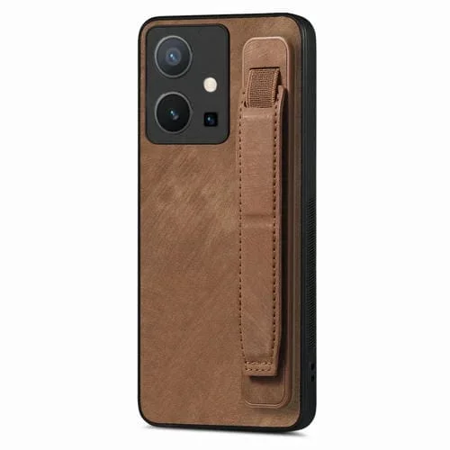 Para Vivo Y75 5G Funda Trasera de Cuero con Soporte para Pulsera Retro (Marrón)