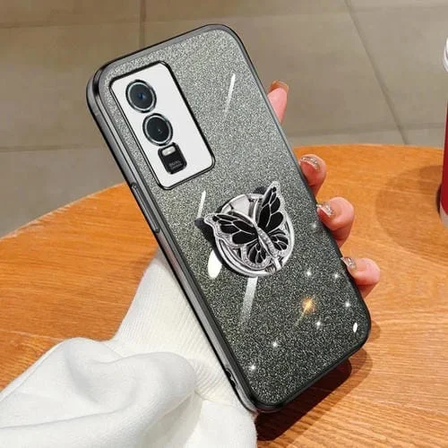 Para Vivo Y76S Estuche para Teléfono de TPU con Soporte de Mariposa con Brillo Degradado Plateado (Negro)