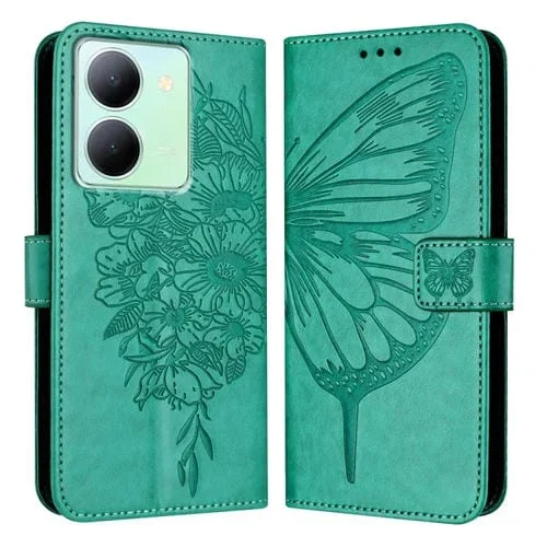 Para Vivo Y78 5G/Y78 + 5G Global/V29 Lite Funda para Teléfono de Cuero con Mariposa En Relieve (Verde)