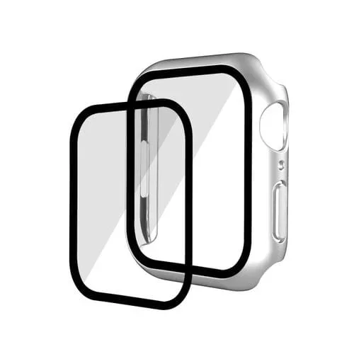 PC con Todo Incluido Mate Galvanoplastia + Caja de Reloj Vidrio Templado para Apple Watch Series 9/8/7 45mm (Aluminio Plateado)