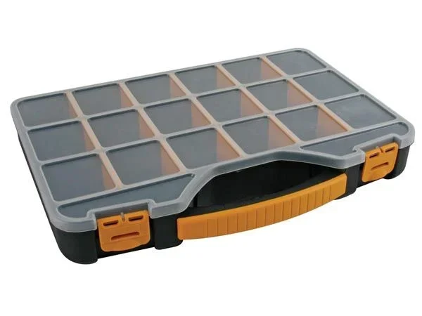 Perel Caja de almacenamiento, máx. 20 compartimentos, 16 separadores, transparente, cubierta apilable, 327 x 258 x 47 mm, negro/naranja