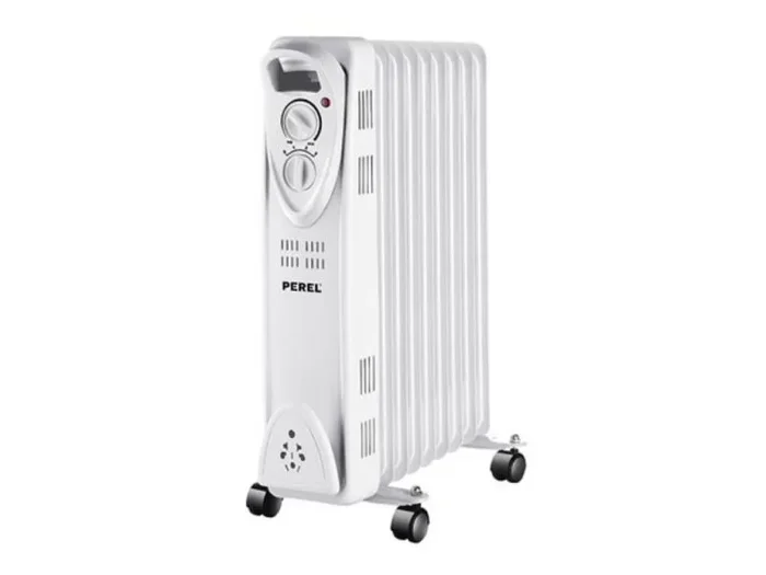 Perel Radiador de aceite de 2000W con 9 elementos, 3 niveles de calor, termostato ajustable, asa, ruedas, protección contra sobrecalentamiento y vuelco, calefactor portátil, silencioso y eficiente