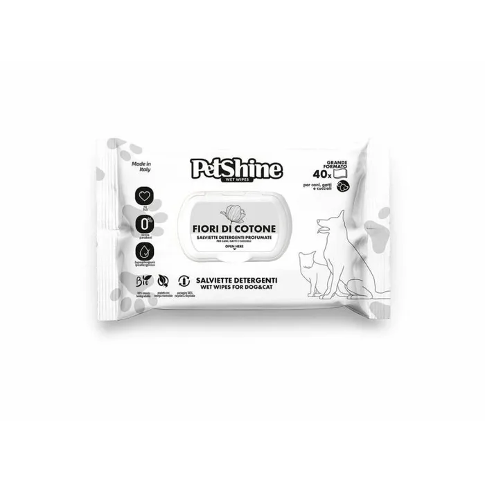 Petshine Toallitas húmedas para perros y gatos, 40 unidades, 30 x 20 cm, aroma de flor de algodón