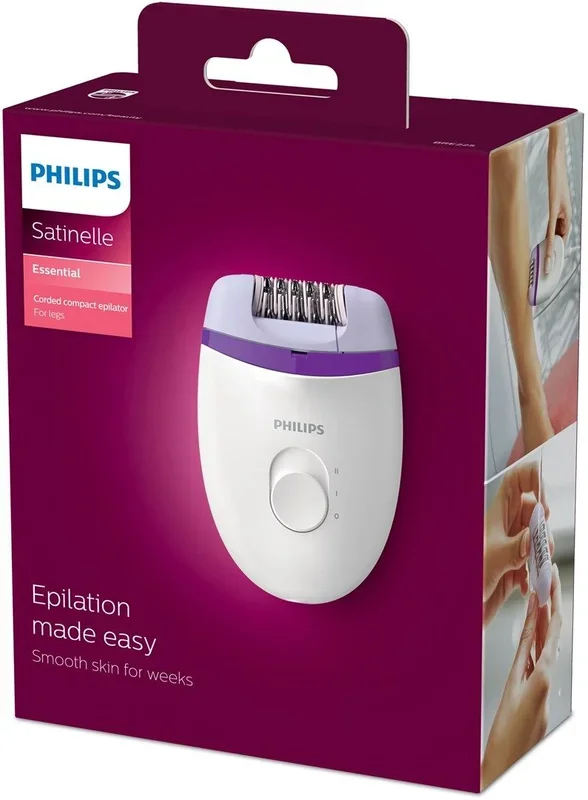 Philips BRE225/00 – Philips Depiladora Satinelle Essential BRE225/00 – Depiladora mujer para piernas con cable compacta, 2 ajustes de velocidad, blanco/morado