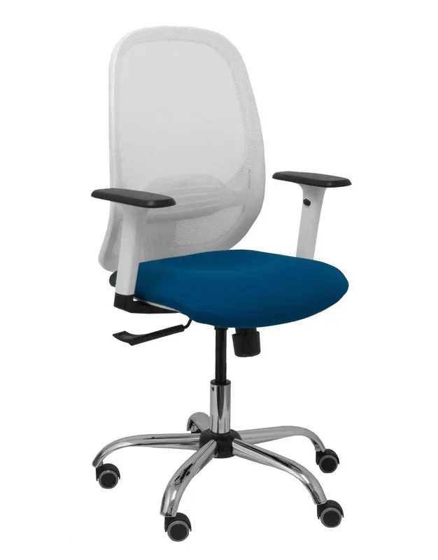 Piqueras y crespo silla cilanco blanca malla blanca asiento bali azul marino brazo regulable base cromada ruedas de parque