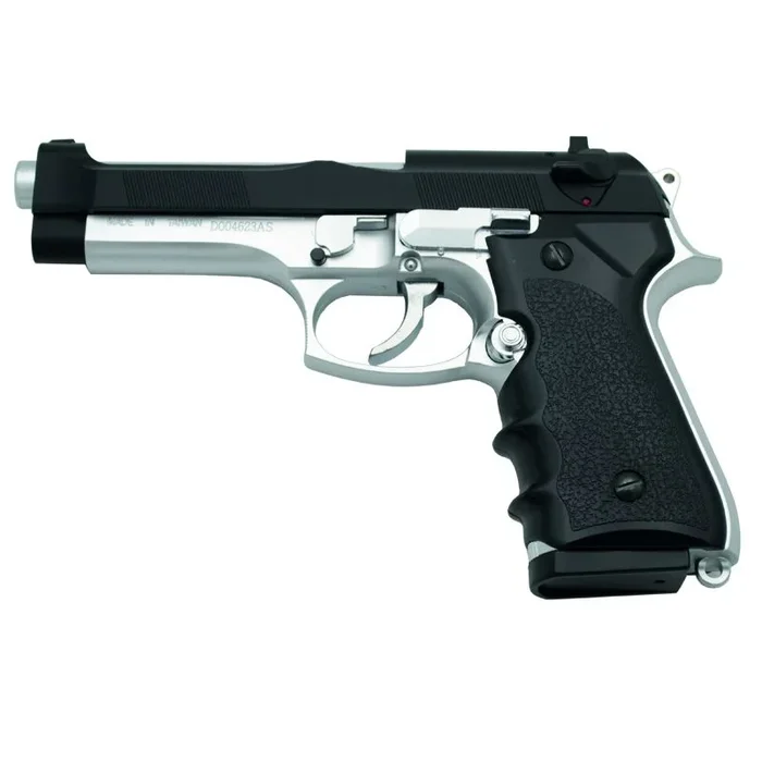 Pistola HFC Tipo Beretta 92 – Bicolor – Pistola Muelle Pesada Calibre 6 mm – Energía 0.34 Julios – Velocidad de disparo 70m/s – 246 FPS. Ref. 118BC