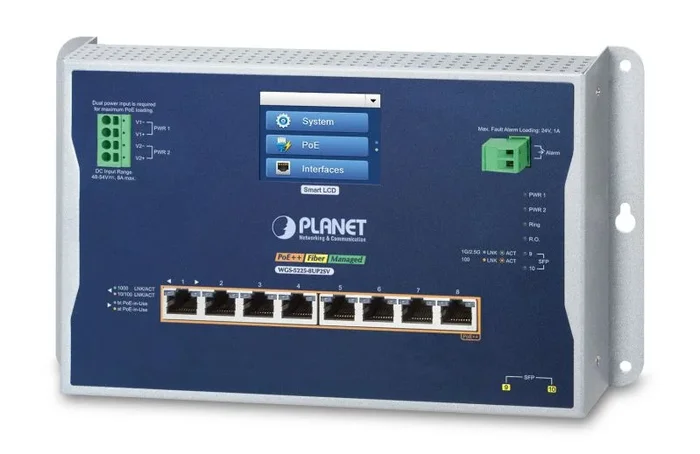 PLANET IP30, IPv6/IPv4, L2+ 8-Port Gestionado L2/L2+ Energía sobre Ethernet (PoE) Negro, Gris