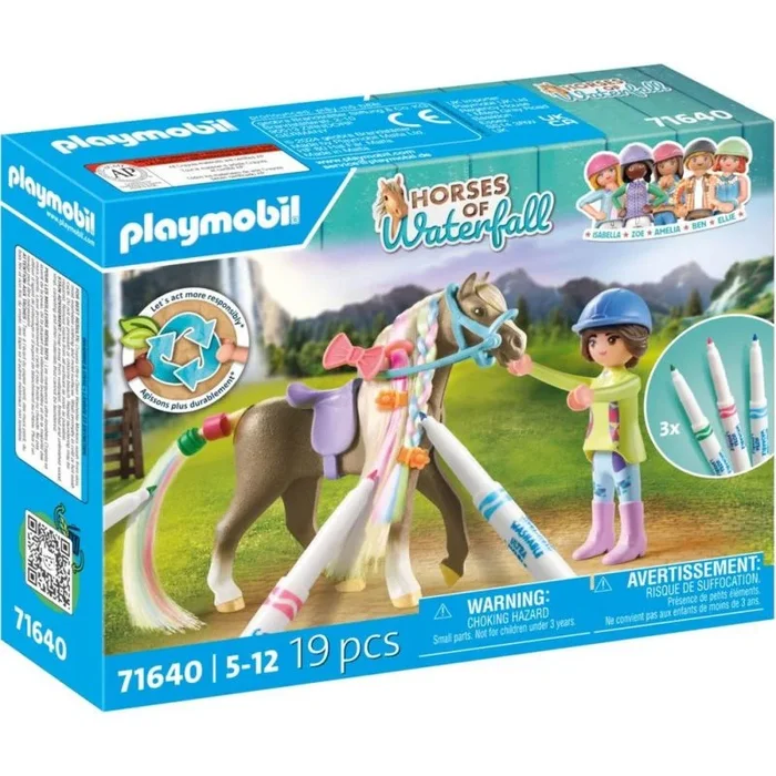 PLAYMOBIL Horses of Waterfall 71640 Set de Caballos Lavables, Incluyendo una Figura, un Caballo y Tres marcadores Crayola, Juguetes artísticos para niños y niñas a Partir de 5 años