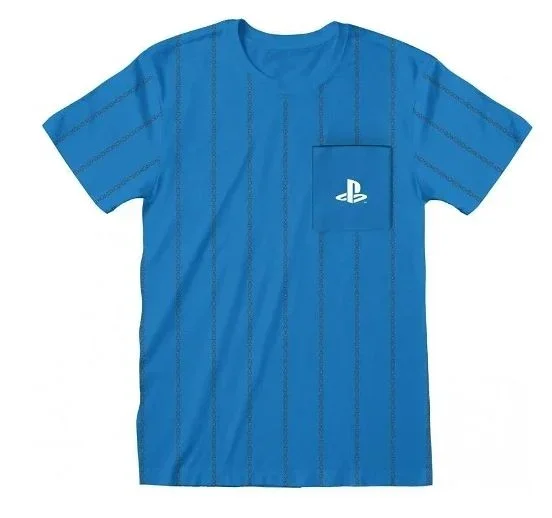 Playstation – striped pocket logo (unisex blue t-shirt) ex ex large