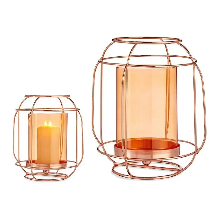 Portavelas cobre ambar farol metal vidrio (19 x 20 x 19 cm)