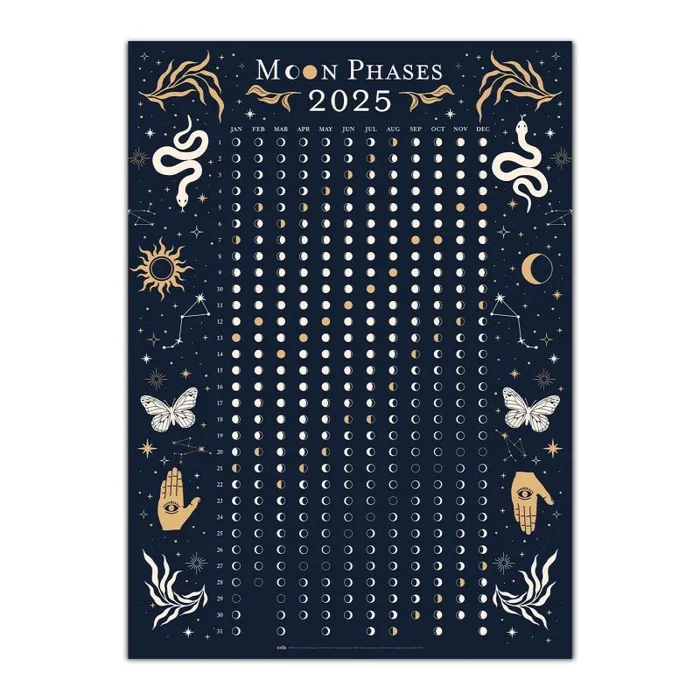 Poster Calendario lunar 2025 Fluorescente – Fases lunares Decoracion hogar pared | Posters para pared Brillan en la Oscuridad (50×70 cm)