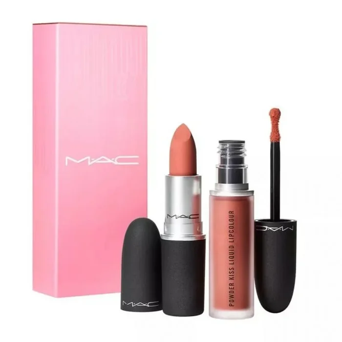 Powder kiss set mac: powder kiss, matte, cream lipstick, mull it over, 3 g + powder kiss, lip gloss, mull it over, 5 ml