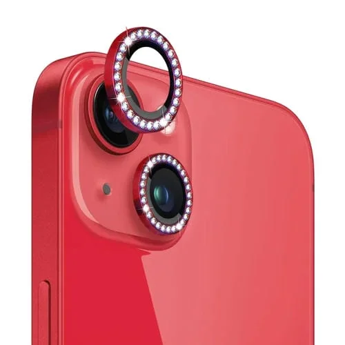 Protector de Lente de Cámara Northjo para iPhone 14/14 Plus Película de Vidrio Templado Anillo de Diamantes de Imitación (Rojo)